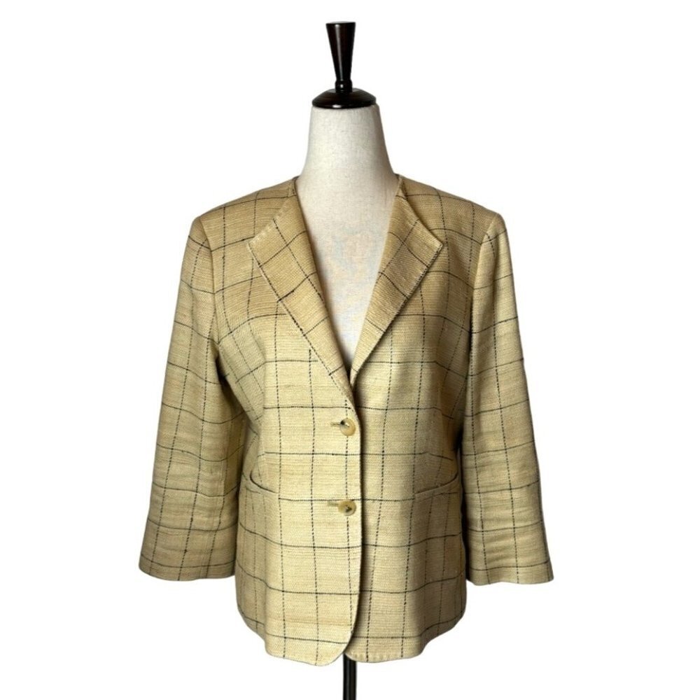 Max Mara Blazer Women 12 Tan Black Plaid Silk Linen Blend Two Button Preppy